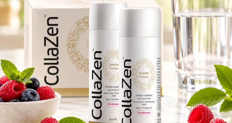 CollaZen liquid collagen food supplements in single-dose bottles with berries and water